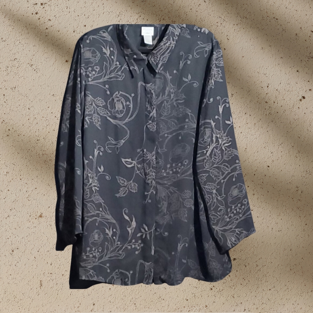 Studio C Classic Collection Plus 22/24 Sheer Black Multi Print Blouse